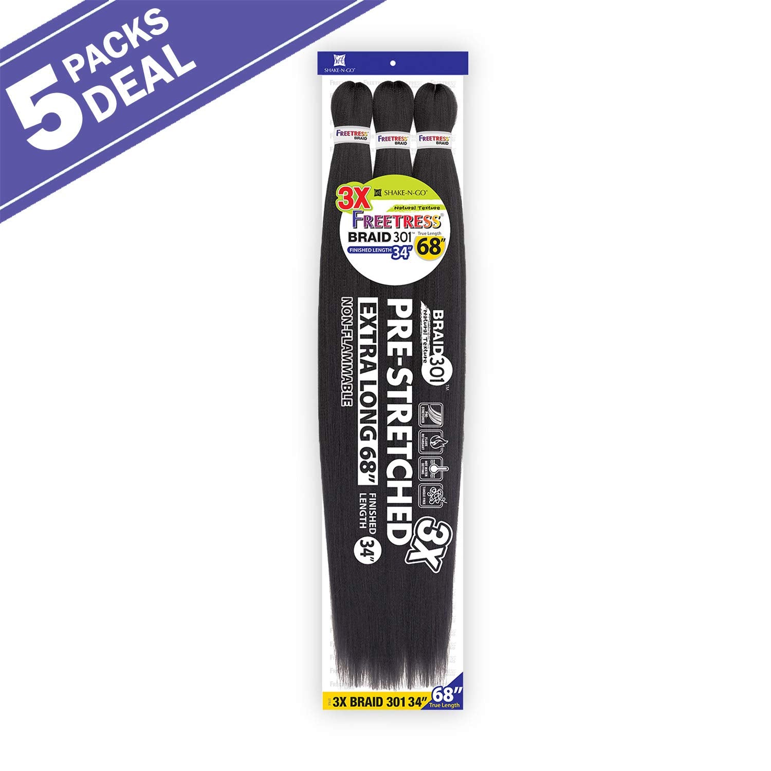 Freetress Braids Natural Texture Braids 3X Pre-Stretched Braid 301 34 inches (5-pack, T30)