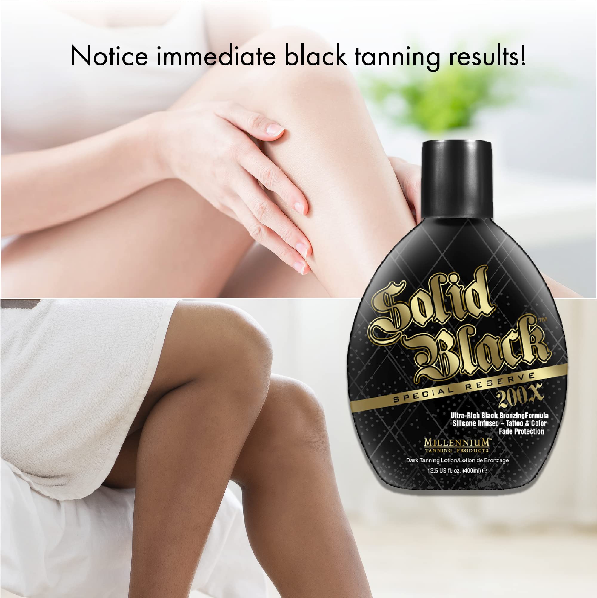 Millennium Tanning Solid Black Special Reserve 200X, Tanning Lotion w/ Tattoo Protector, 13.5 Ounces