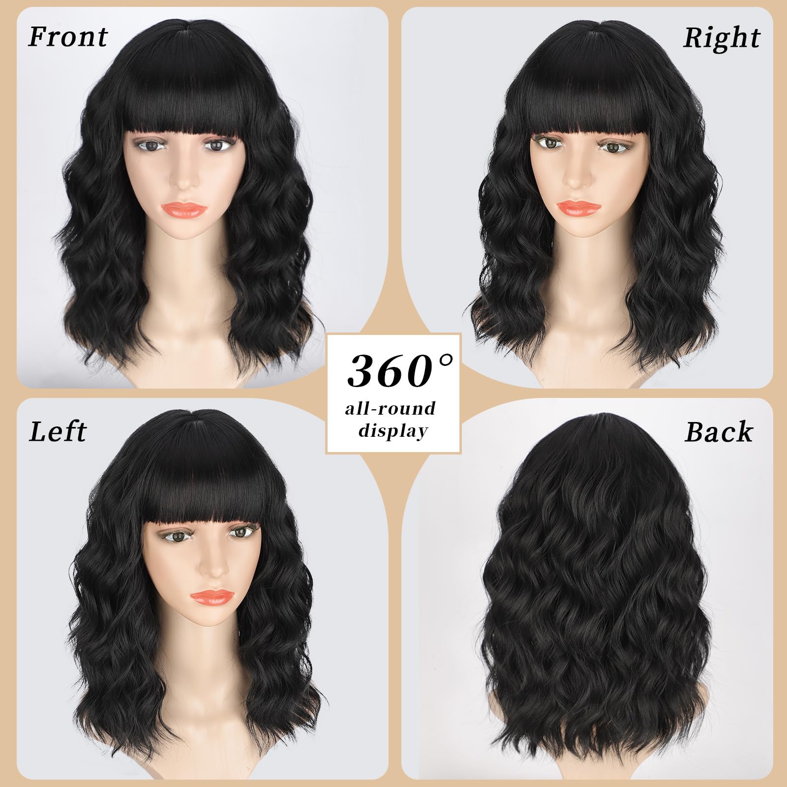Lativ Black Wigs For Women Short Wavy Curly Bob Wig With Bangs Shoulder Length 14 Inches Synthetic Hair For Daily Party Use