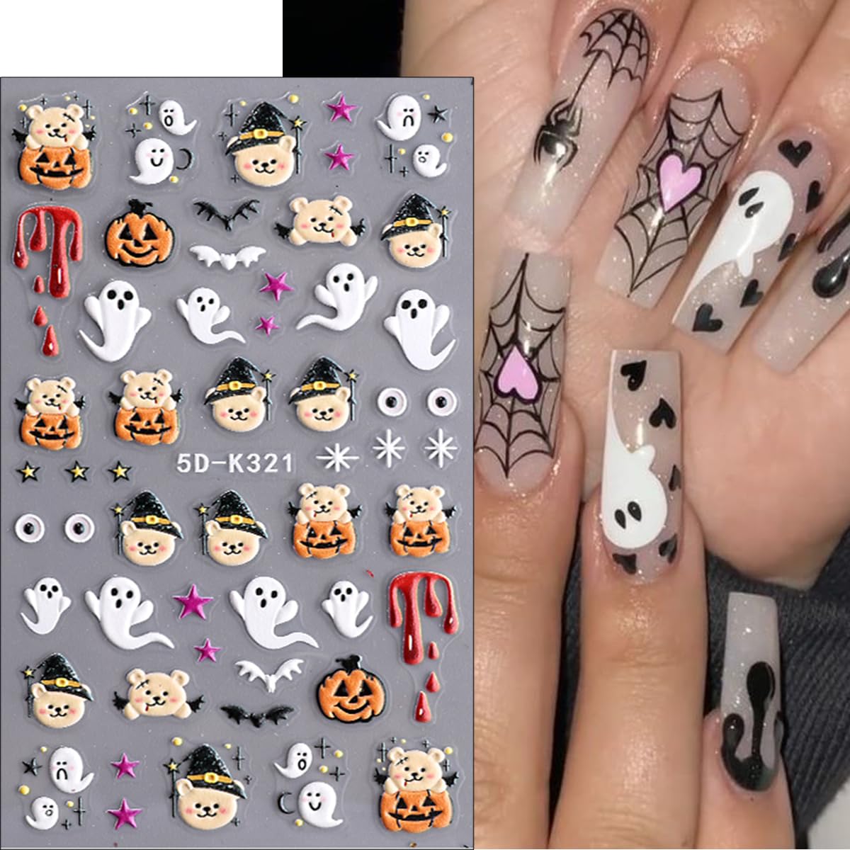 5D Halloween Nail Stickers Cute Ghost Nail Decals Self-Adhesive Pegatinas Uas Stars Moon Pumpkin Bear Fall Design Supplies Spook