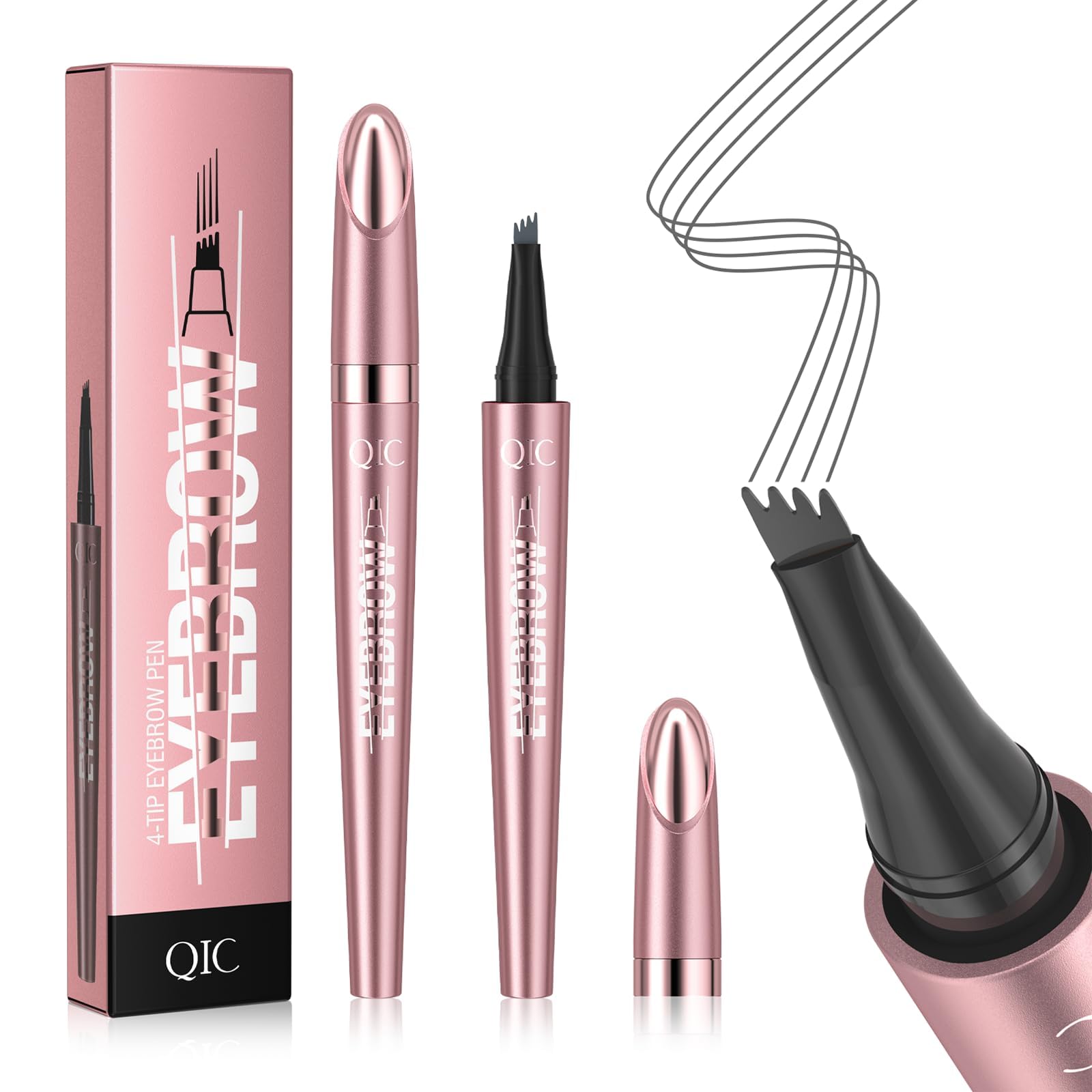 QIC 4Tip Microblading Eyebrow Pen, Waterproof Brow Marker for HairLike Strokes, QuickDry SmudgeResistant, Grey