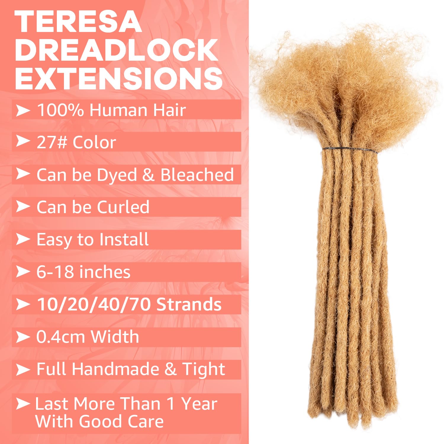 Teresa 6 Inch 0.4Cm Width Loc Extension Human Hair #27 Honey Blonde Color 70 Strands Permanent Locs Extensions Can Be Dyed And B