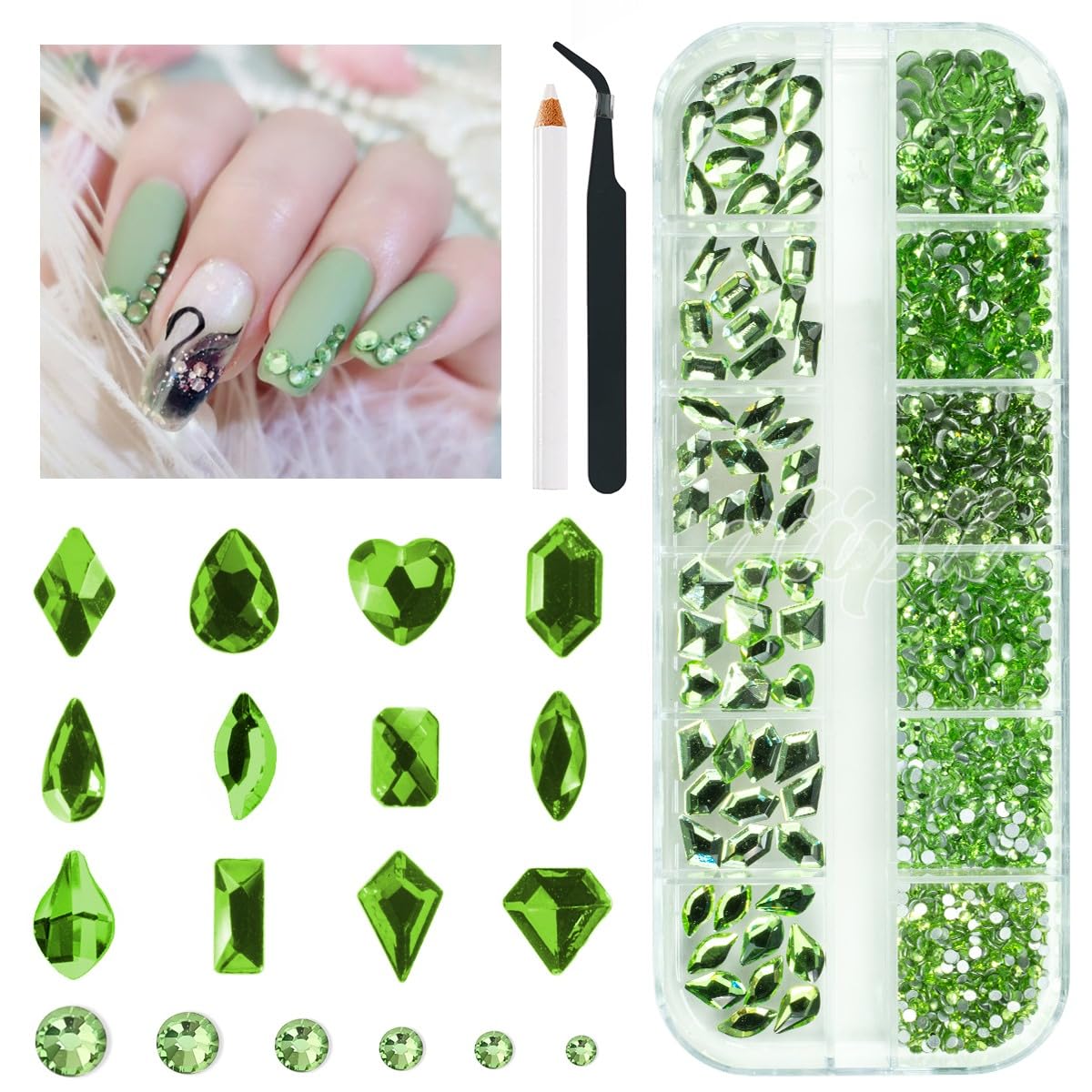 qiipii 1802Pcs Light Green Nail Rhinestones Grass Green Nail Charms Multi Shapes Crystal Flatback Rhinestones Gems Round Beads G