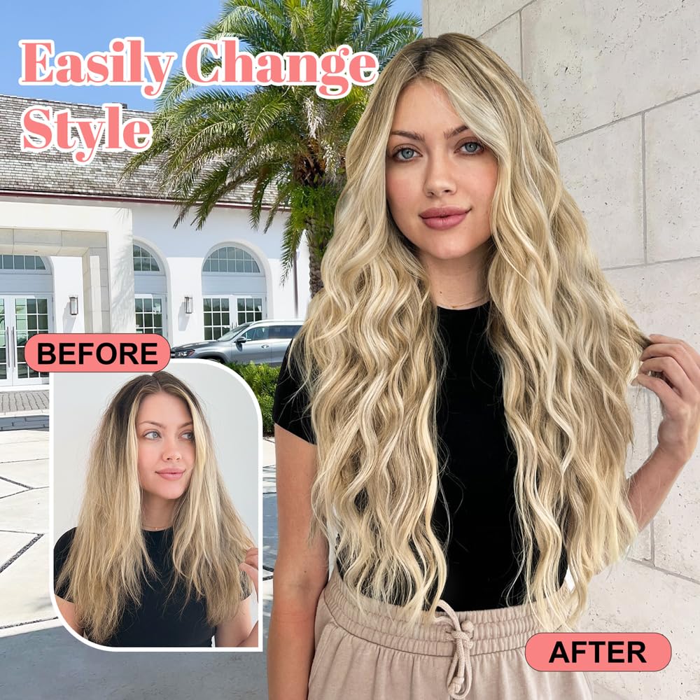 Alxnan Clip In Long Wavy Synthetic Hair Extension 20 Inch Beach Blonde 4Pcs Thick Hairpieces Fiber Double Weft Hair For Women