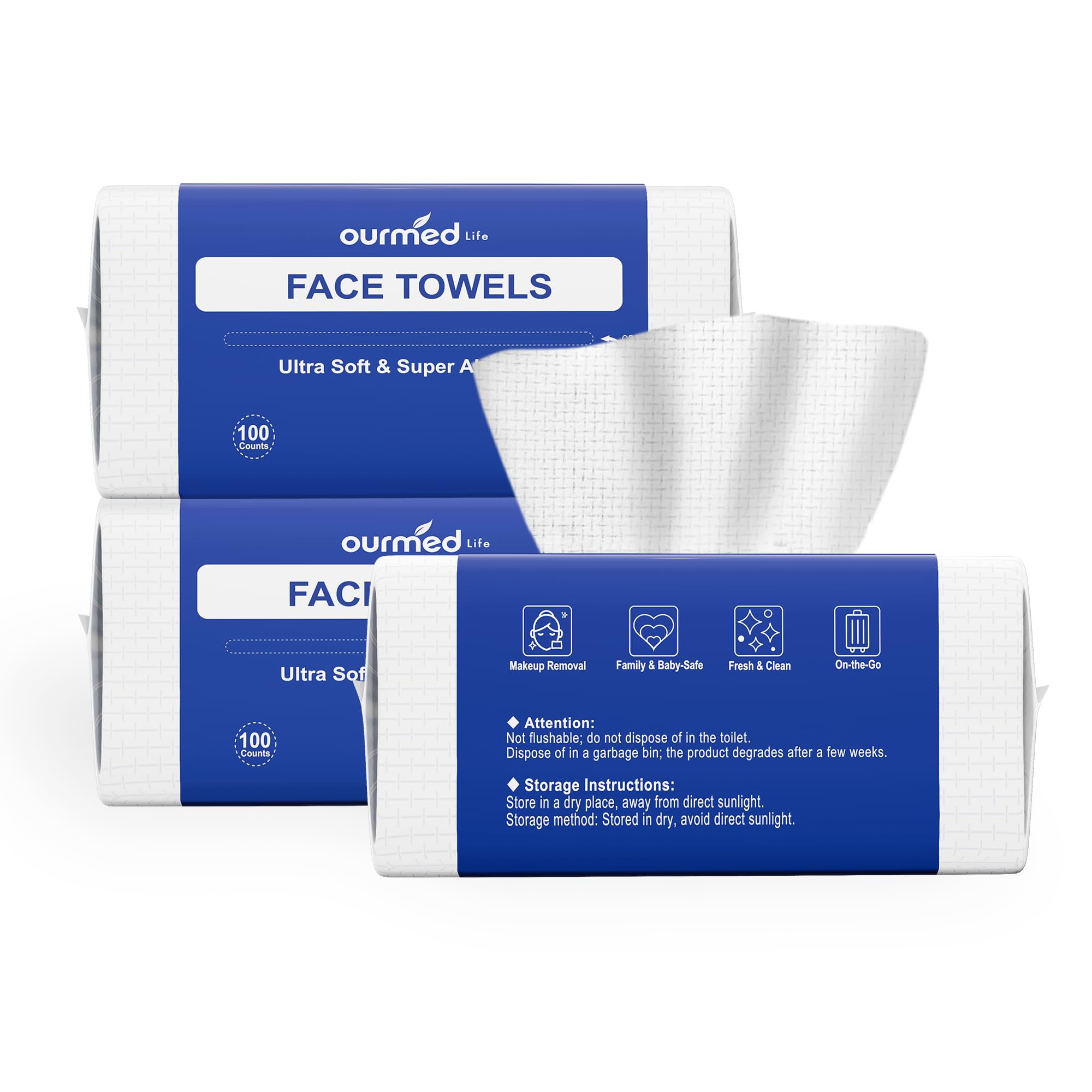 Ourmed Life Disposable Face Towel, 300 Count - Ultra Soft, Biodegradable Makeup Remover Wipes for Sensitive Skin, Clean Skincare