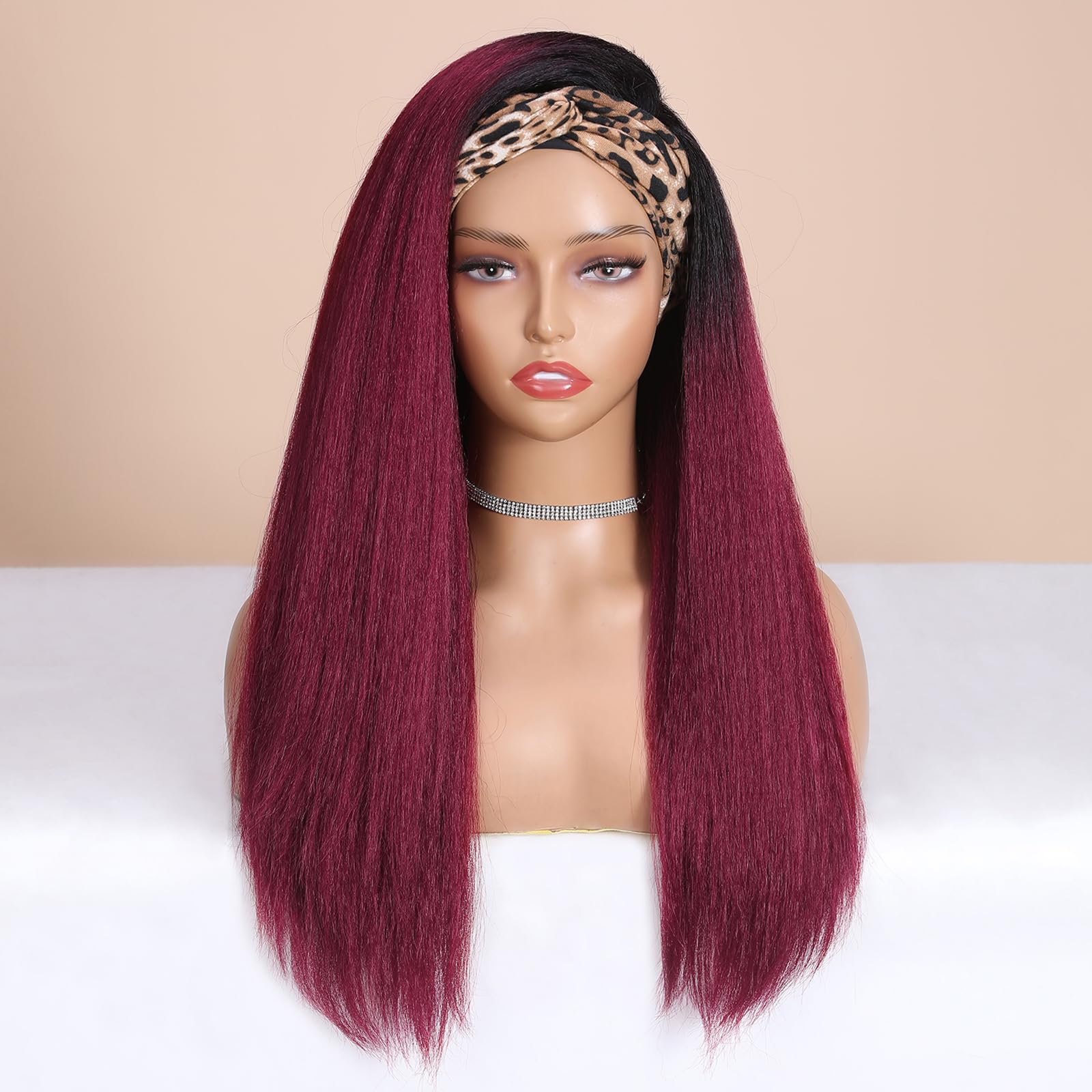 WIGNEE Red Kinky Straight Headband Wig for Women 22 Inches Burgundy Kinky Wig Yaki Straight Wigs with Black Headband Kinky Strai