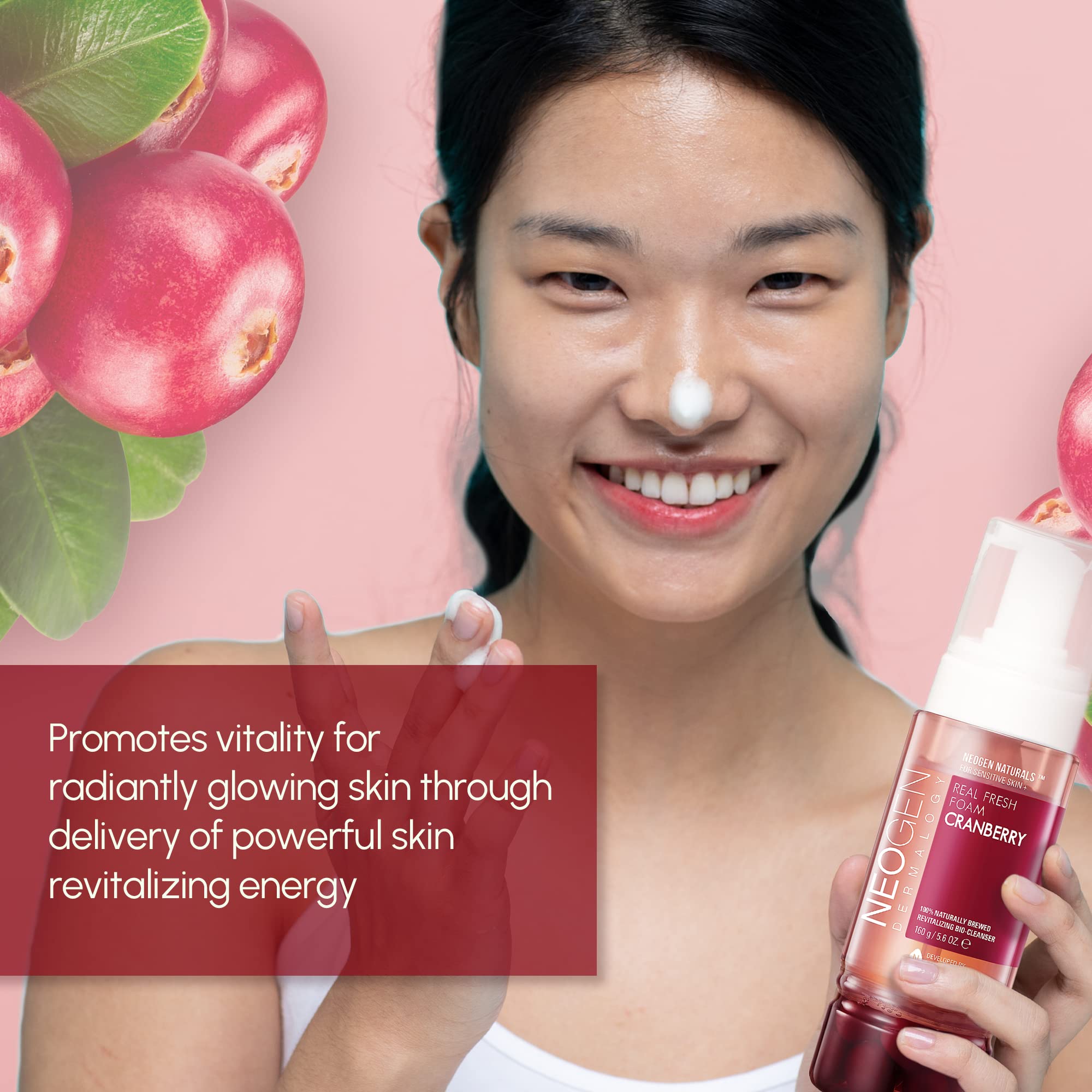 Dermalogy By Neogenlab Real Fresh Foam Cleanser, Cranberry 5.6 Fl Oz (160G) - Revitalizing & Hydrating Gentle Cleansing Foam Wit