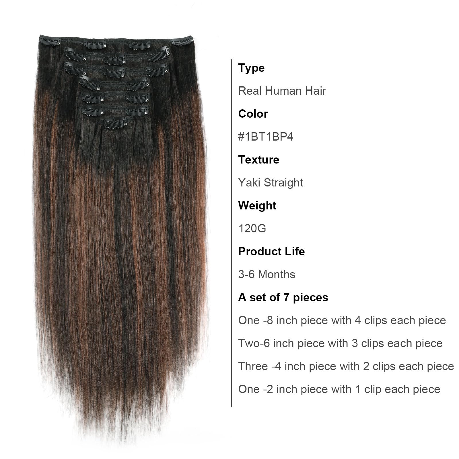 Abh Amazingbeauty Hair Yaki Straight Clip Ins Rooted Black Piano Natural Black #1B With Chocolate Brown #4 Two Tone Light Yaki C