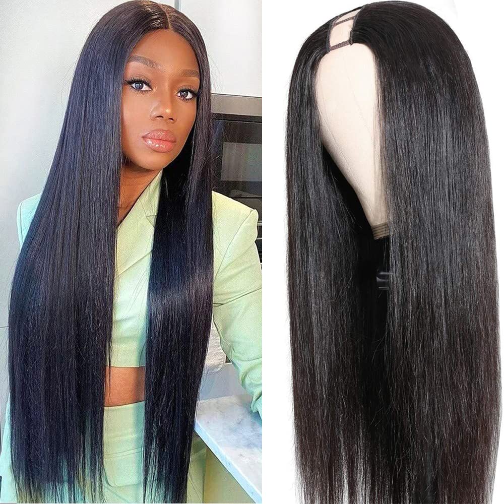Sooolavely 24 Inch U Part Human Hair Wigs for Black Women Straight Beginner Friendly Unprocessed Brazilian Virgin Human Hair Wig