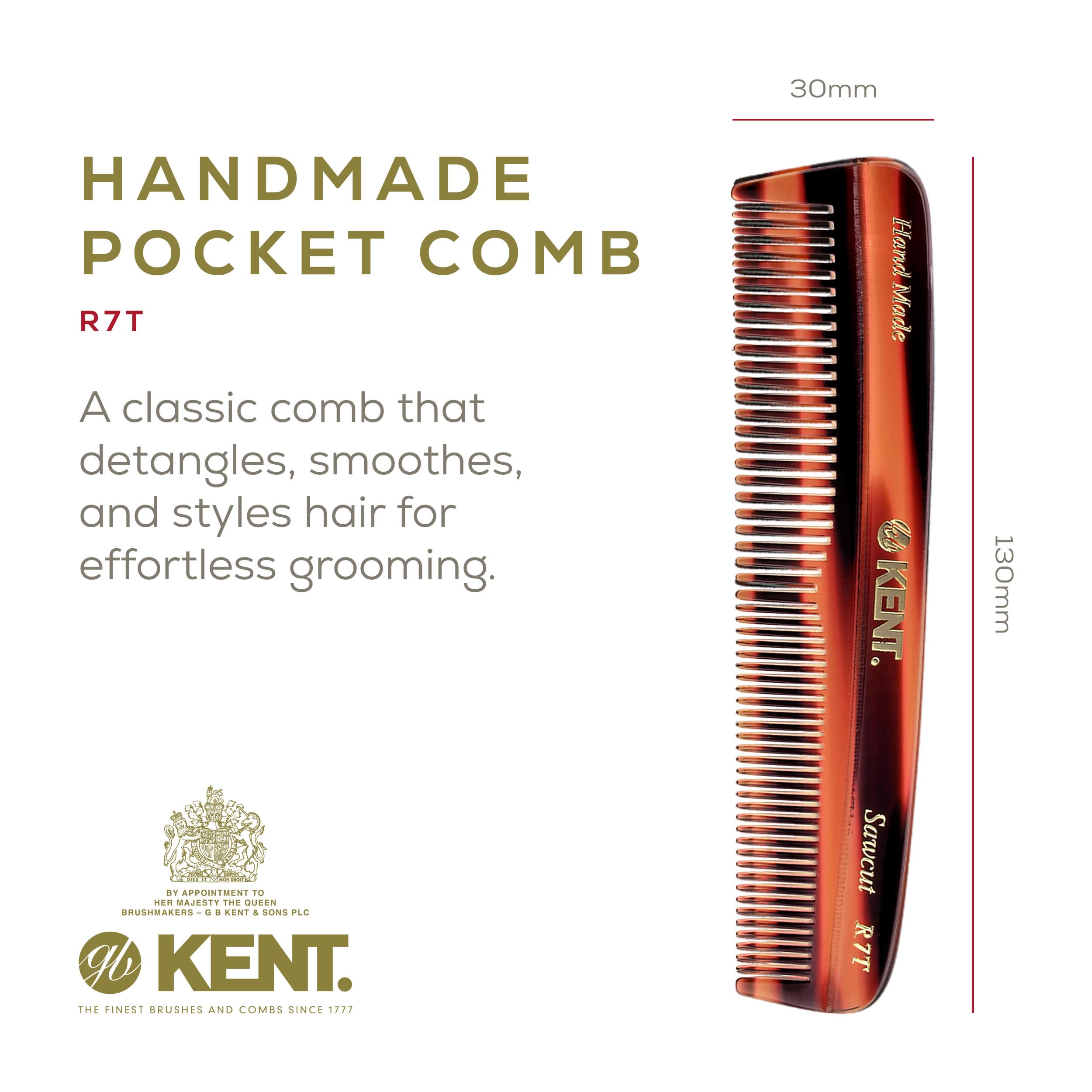 Kent R7T Double Tooth Hair Pocket Comb, Small Fine/Wide Tooth Comb For Hair, Beard And Mustache, Coarse/Fine Hair Grooming Comb
