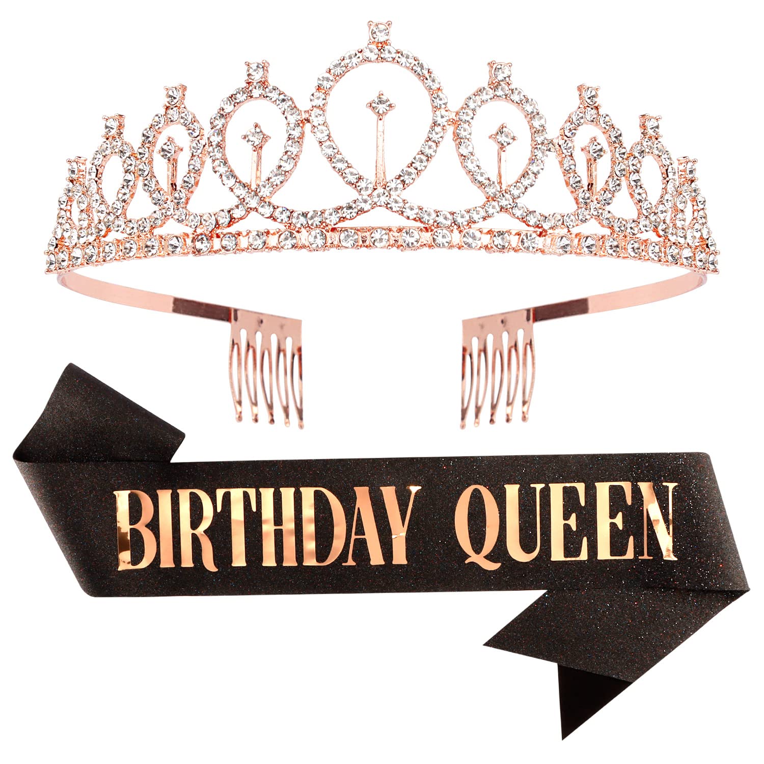 CIEHER Rose Gold & Black Birthday Crown Set - Crystal Crown & Sash for Women & Girls (Birthday)