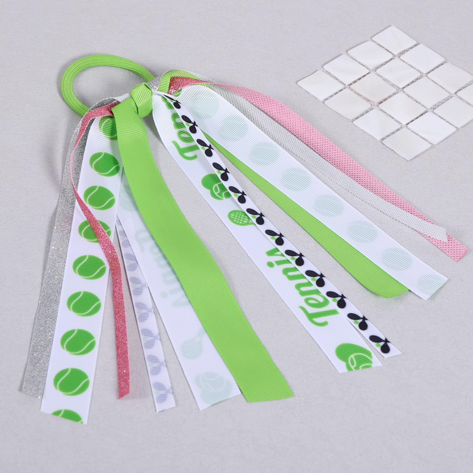 Tennis Ponytail Holder Streamer Hair Tie for Girls, 8.7 Glitter Ribbon No Crease Elastic Band Accessory with Tennis Racket Desig