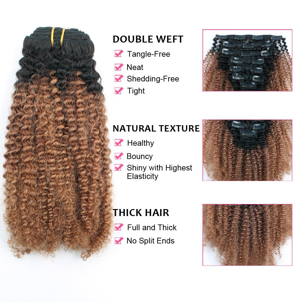 Amazingbeauty 3C 4A Big Afro Curly Ombre Hair Extensions Double Weft Real Remy Human Hair For African American, Two Tone Clip In