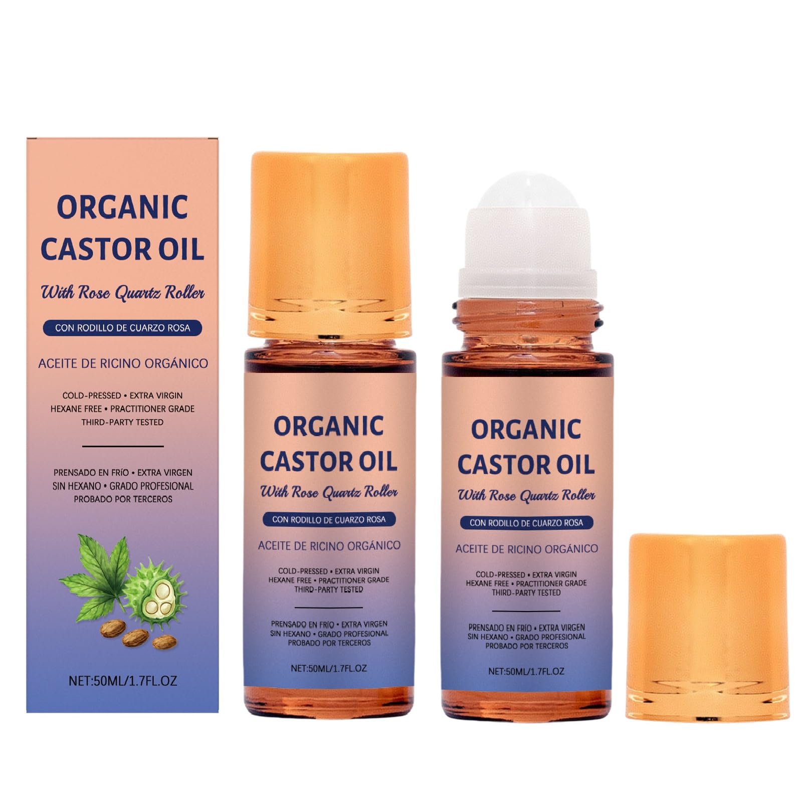 2 Pcs Organic Castor Oil with Rose Quartz Roller, Castor Oil Organic Cold Pressed for Face and Body & Hair Moisturizer Skin Hexa