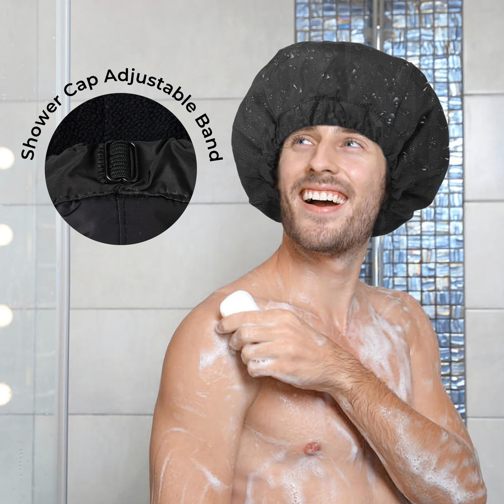 Shower Cap For Men Black Bath Cap, Reversible Terry Lined Large Waterproof Adjustable Shower Caps Elastic Band Stretch Hem Hair