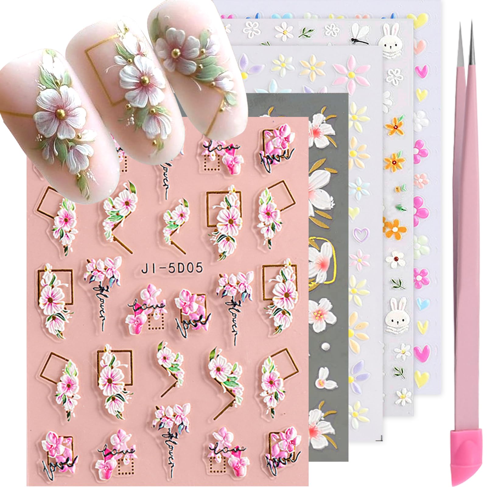 VOTACOS Flower Nail Art Stickers Decals 5D Embossed Nail Decals 6 Sheets Spring Summer Self-Adhesive Nail Supplies Accessories 3