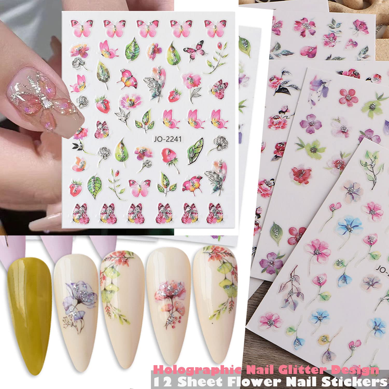 Zoance Flowers Nail Art Sticker Dacals, Holographic Nail Glitter Design Nail Stickers Floral Spring Nail Decals 3D Self-Adhesive