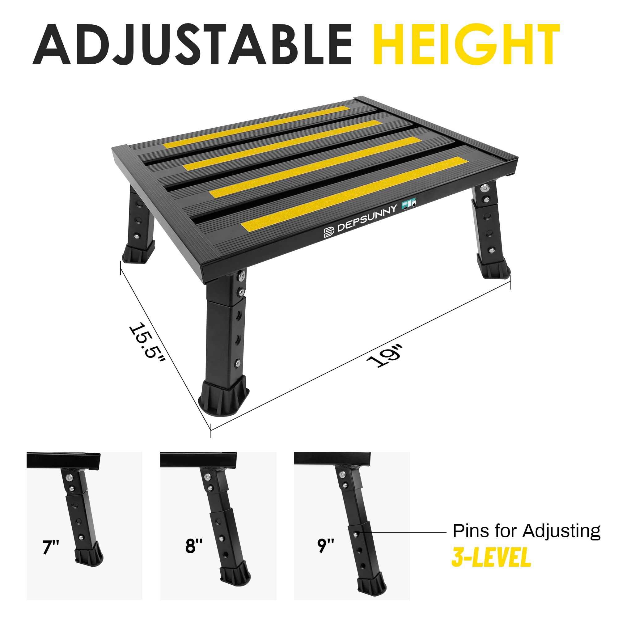 DEPSUNNY Adjustable Height Aluminum RV Step, Stable Foldable Platform Step Stool, Supports Up to 1,000 lb, Non-Slip Rubber Feet