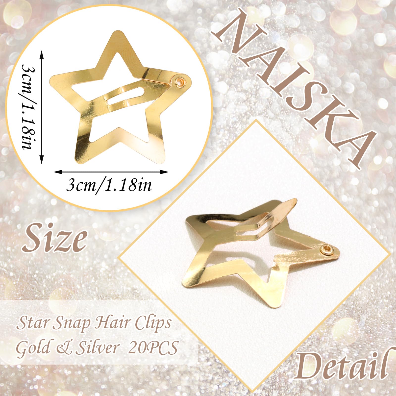 Naiska Gold&Silver Star Hair Clips 20Pcs Snap Star Hair Accessories Non Slip Star Clips 2000S Y2K Accessories Metal Alloy Star H