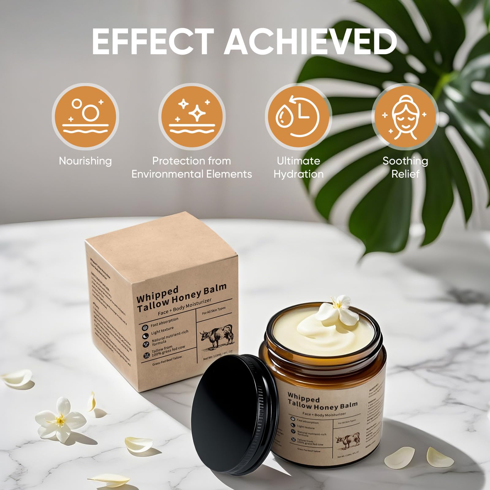 Handmade Whipped Tallow Balm for Face & Body, 4 Oz Organic Grass-Fed Beef Tallow Balm with Raw Honey, Moisturizing Cream for Sof