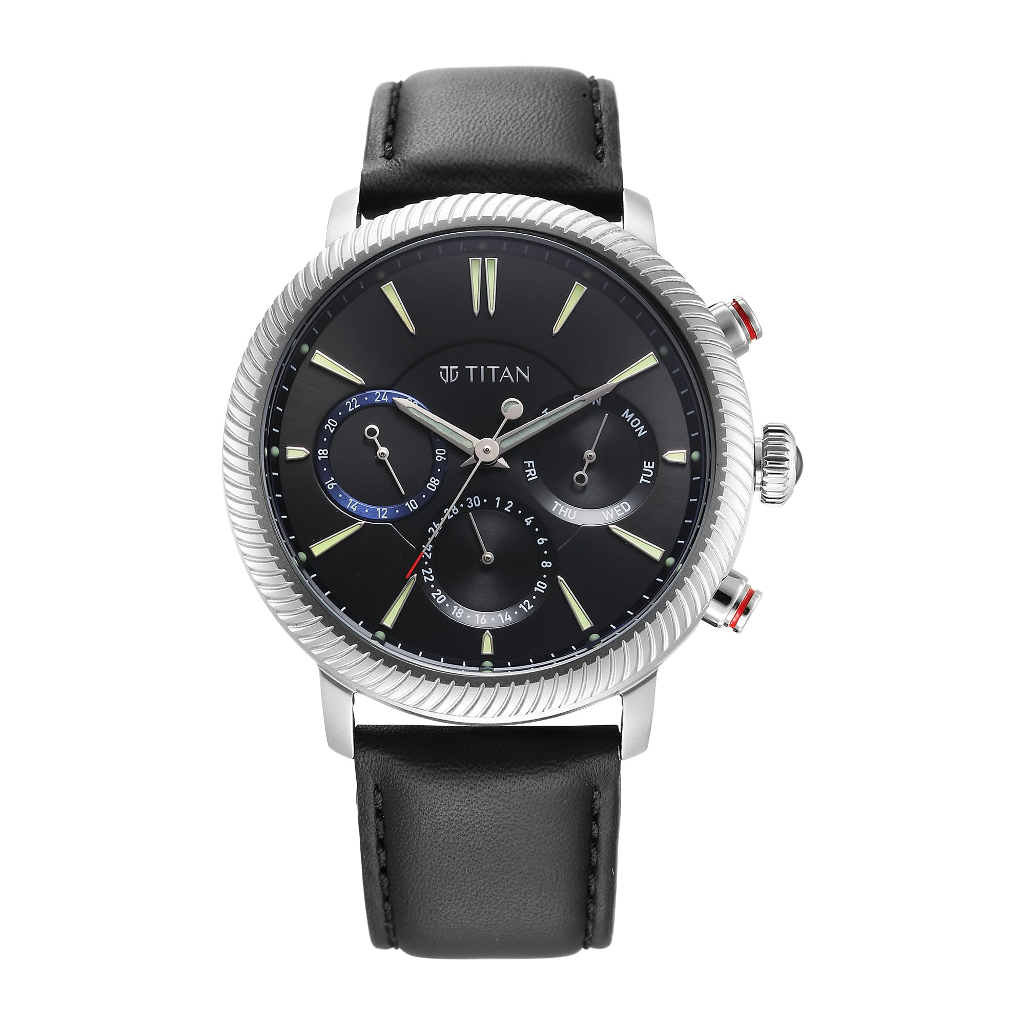 Titan Regalia Stellar Quartz Multifunction Black Dial Leather Strap Watch for Men-NS10012SL01/NT10012SL01