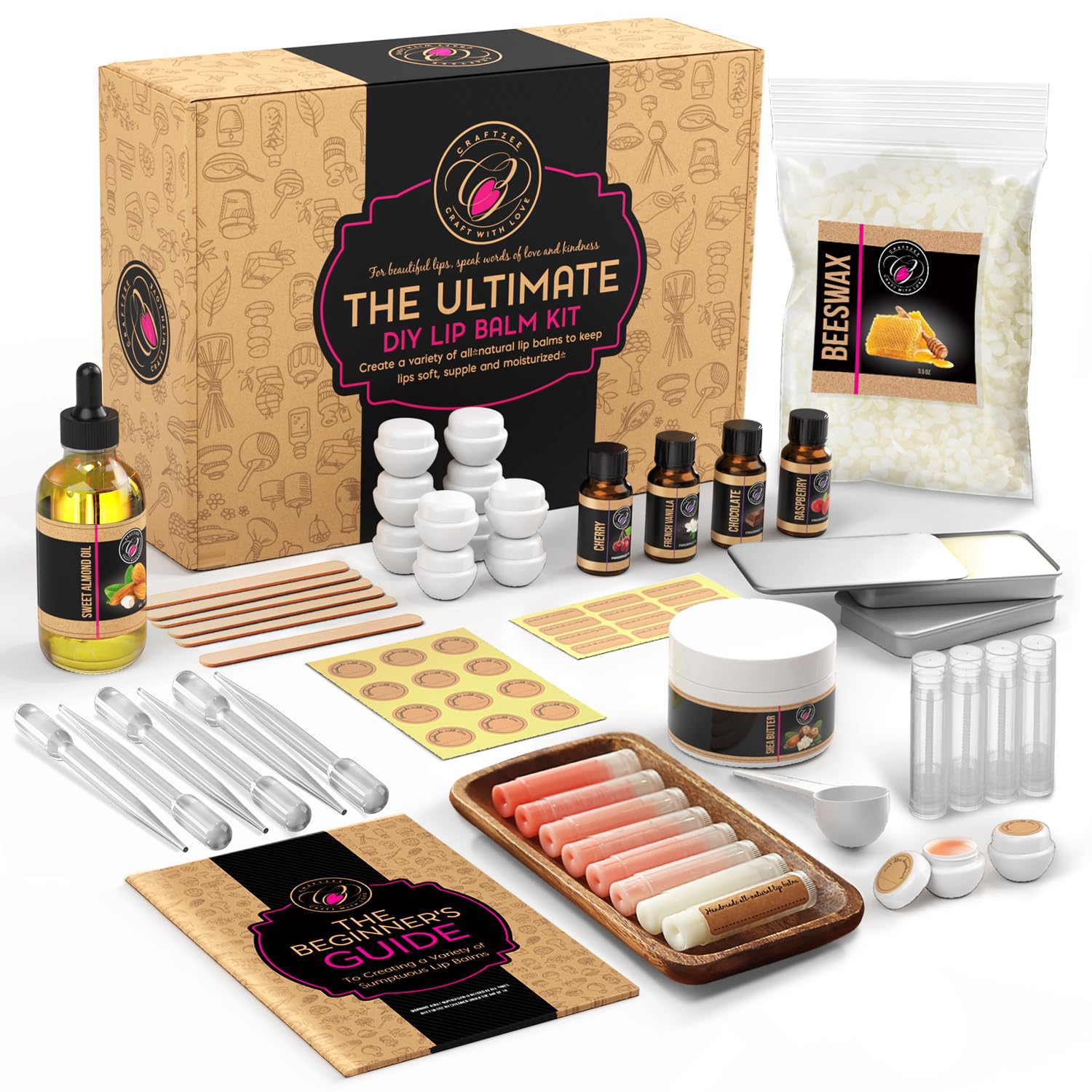 CraftZee Lip Balm Making Kit - DIY Lip Gloss Kit with Natural Beeswax Base, Shea Butter, Sweet Almond Oil, Essential Oils, Tubes
