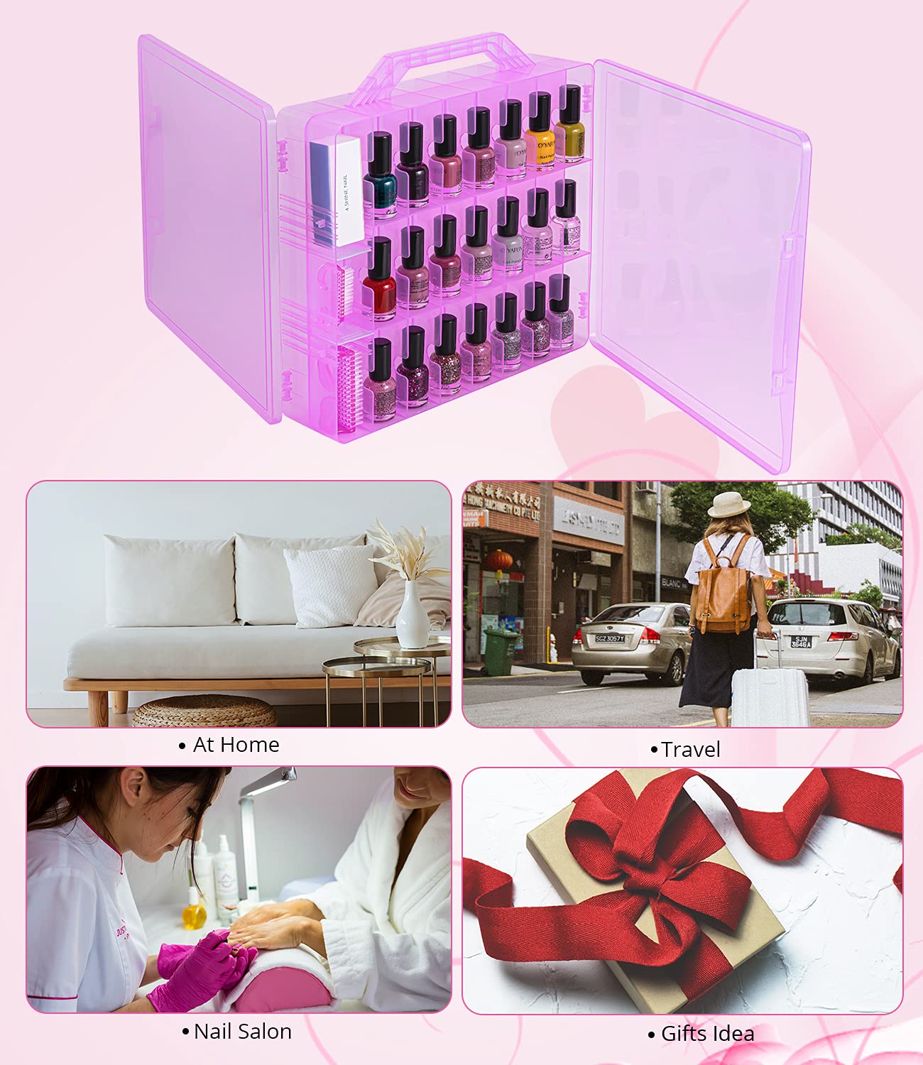 Dreamgenius Nail Polish Organizer Case For 48 Bottles, Double Side Gel Nail Polish Holder With Adjustable Dividers, Portable Nai