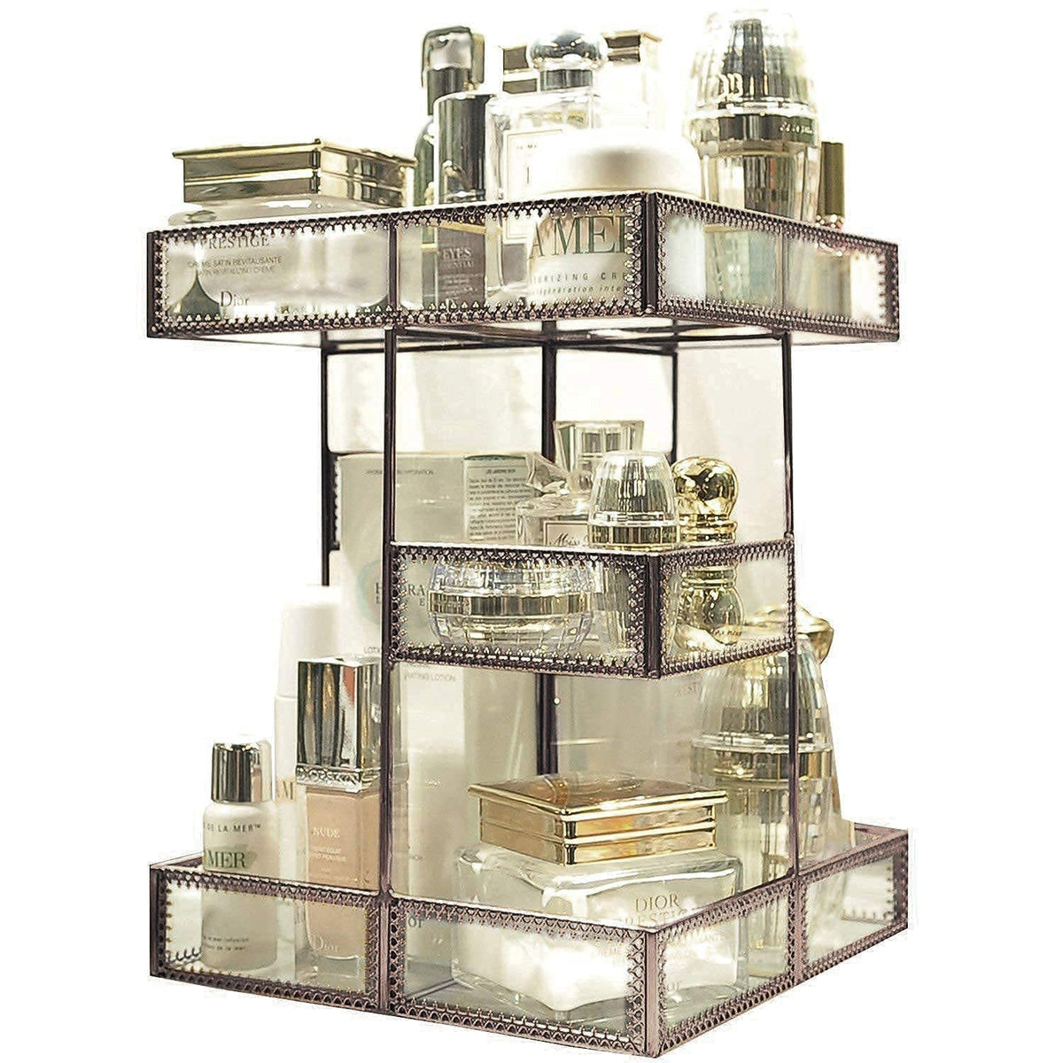 360 Degree Rotation Makeup Organizer Antique Countertop Cosmetic Storage Box Mirror Glass Beauty Display, Gold Spin Large Capaci