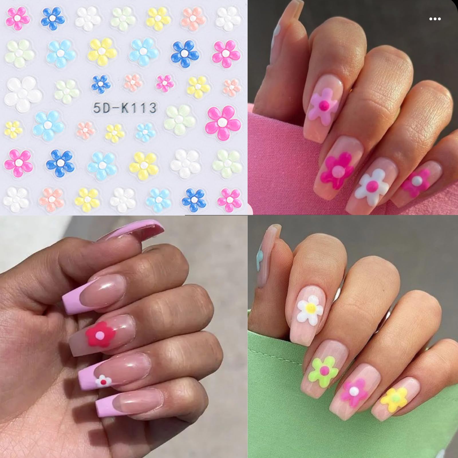 Votacos Flower Nail Art Stickers Decals 5D Embossed Nail Decals Spring Summer Daisy Nail Art Design Self-Adhesive Nail Supplies