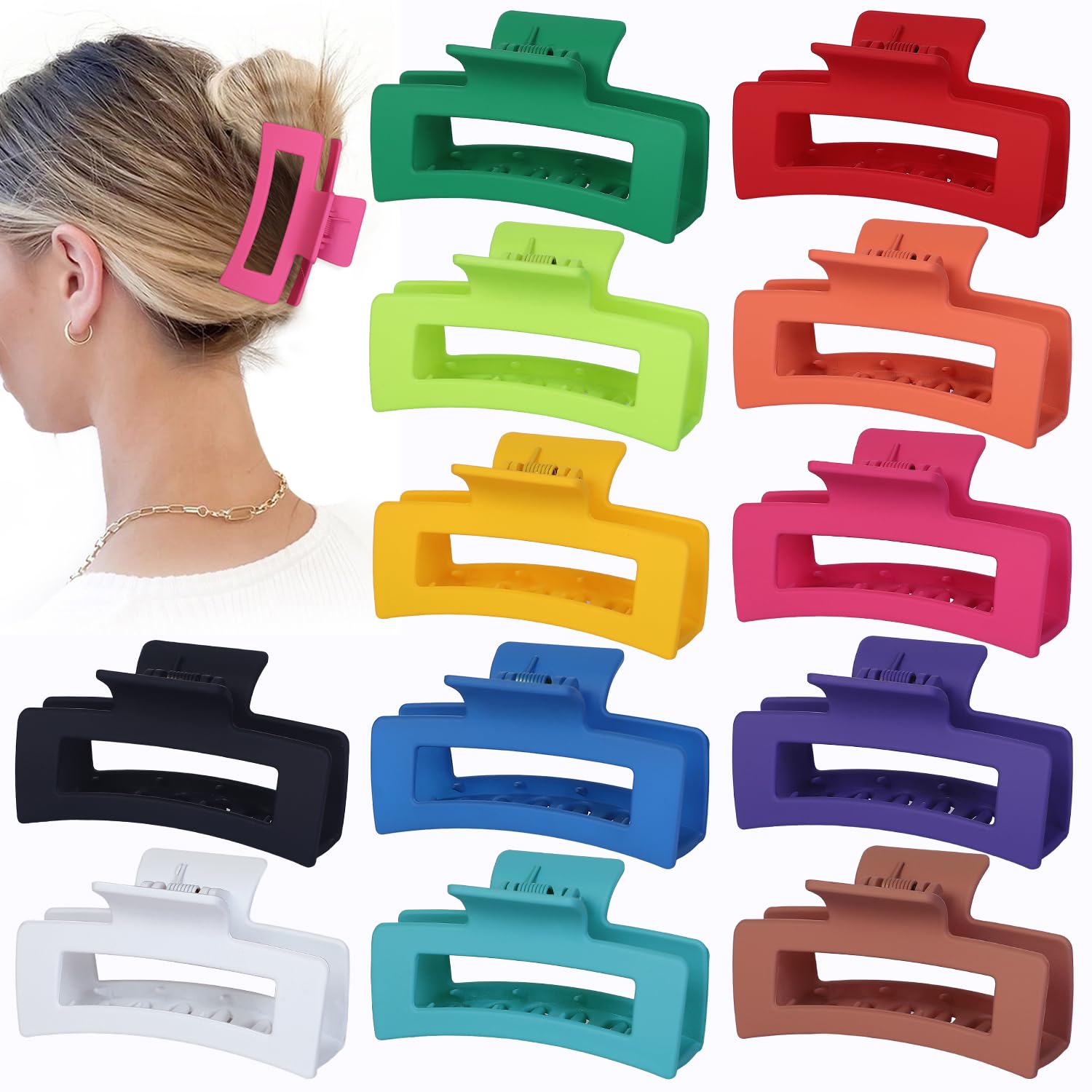 Sisiaipu 3.5 Inch Medium Hair Accessories: 12 Pcs Square Jaw Clips for Thick and Thin Hair - Rectangular Bulk Clips for Women an
