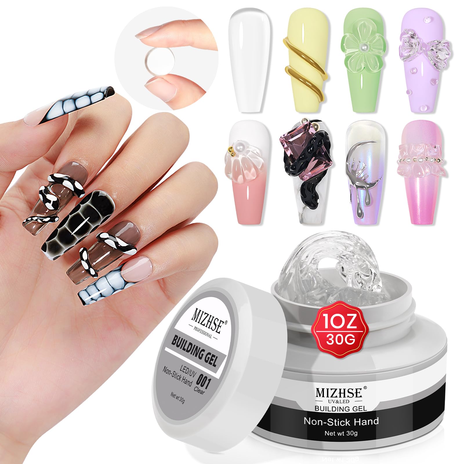 MIZHSE Clear Solid Builder Gel For Nails, 30g Hard Gel for Nails Non-Sticky Nail Extension Builder Gel, Nail Strengthen Gel 3D S