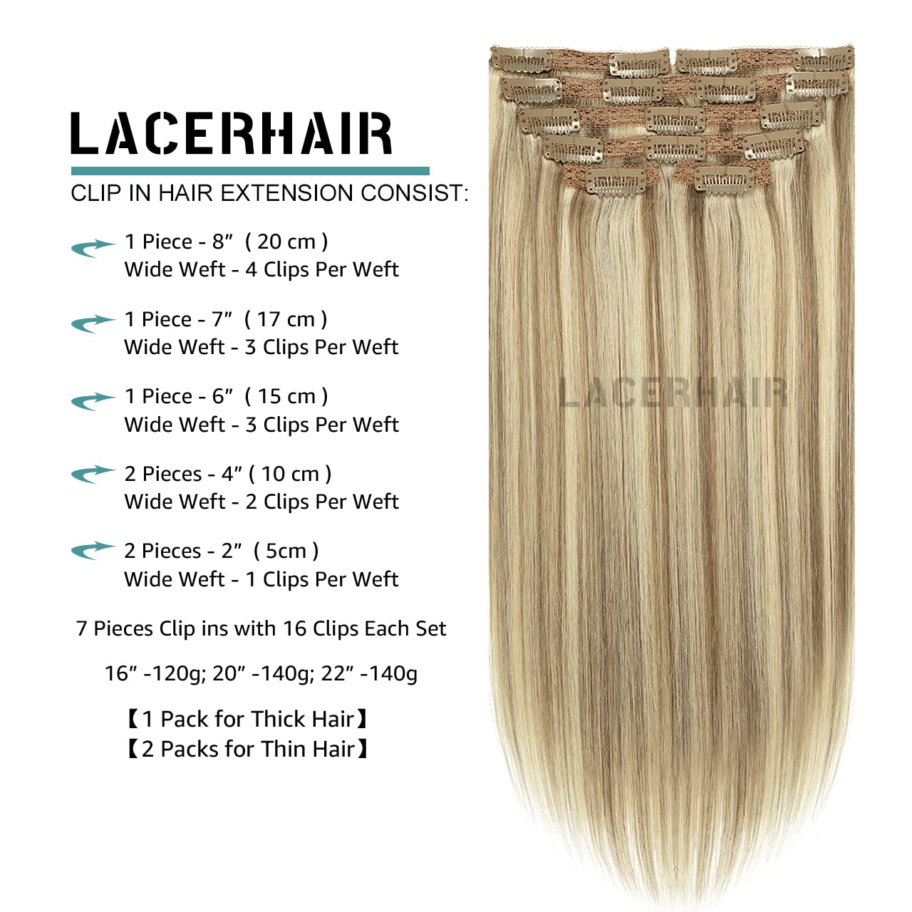 Lacer Hair Clip In Hair Extensions Real Human Natural Hair Light Brown Highlighted Platinum Blonde Color Fine Remy Hair Clip On