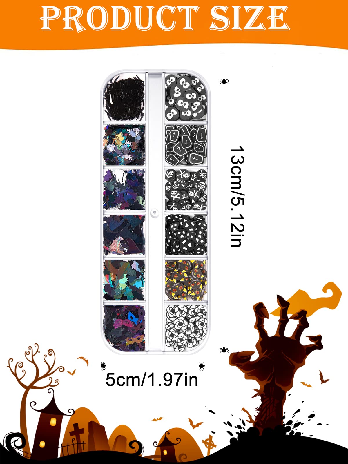 3 Boxes Halloween Nail Art Glitter Sequins, Wsimily 3D Holographic Pumpkin Skull Ghost Spider Bat Witch Cross Halloween Soft Cla