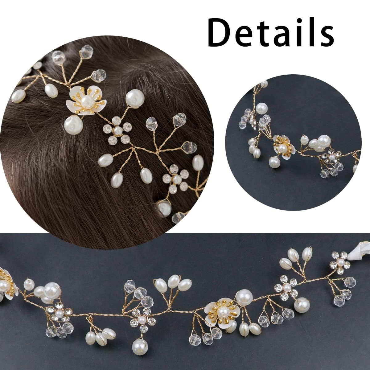 2 Pieces Bridal Hair Vines Flower Wedding Headband Princess Hair Accessories Crystal Pearls Headpiece Elegant Head bands for Bri