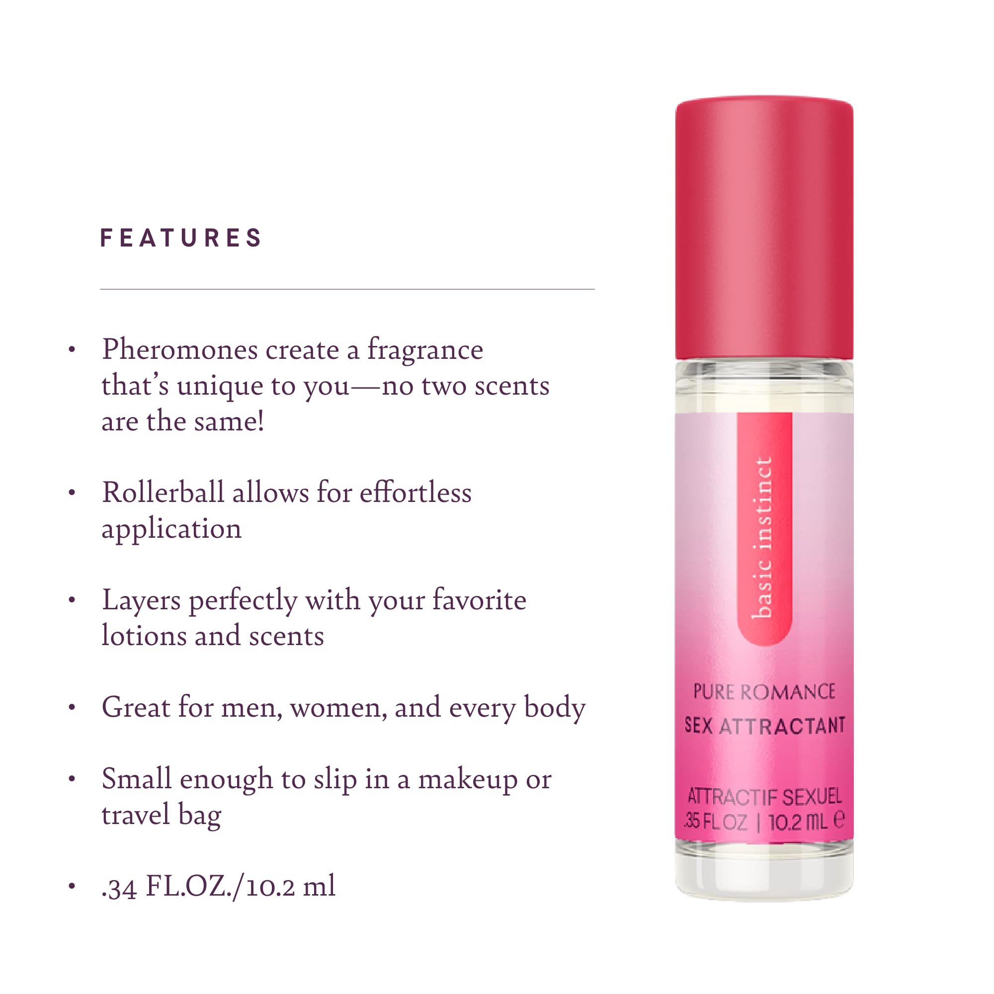 Pure Romance Basic Instinct Pheromone Perfume for Women - Enhanced Long Lasting Roll-On Oil - Attract Men - Travel-Ready, 35 Fl