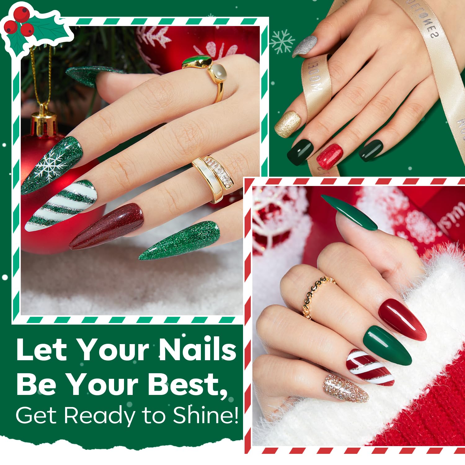 Modelones 11 Pcs Christmas Dip Powder Nail Kit Starter, 4 Colors Red Green Gold Glitter Acrylic Dipping Powder System Essential