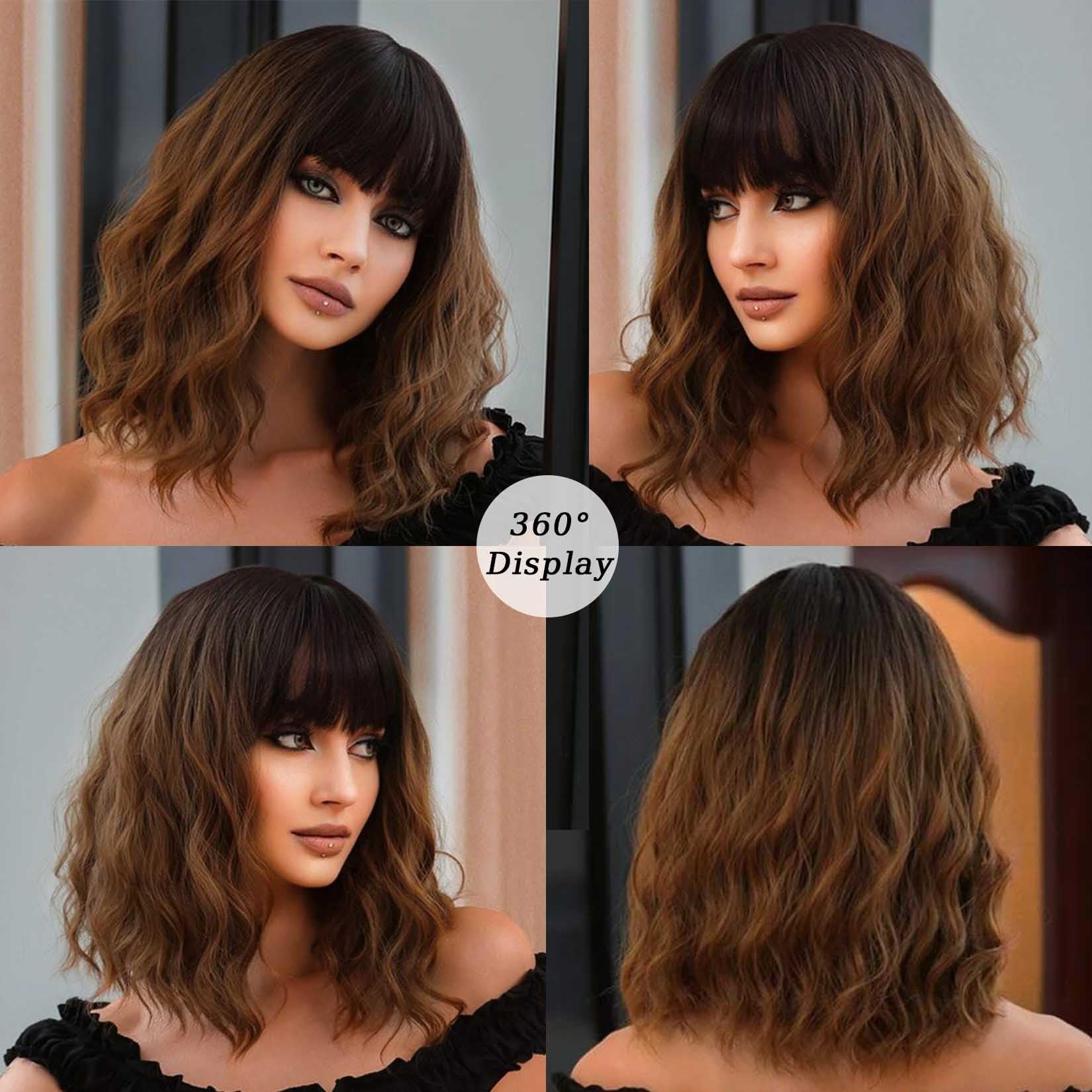 Andromeda Ombre Brown Wig With Bangs Soft Short Bob Wigs For Women Synthetic Shoulder Length Women'S Wavy Wigs For Halloween Cos