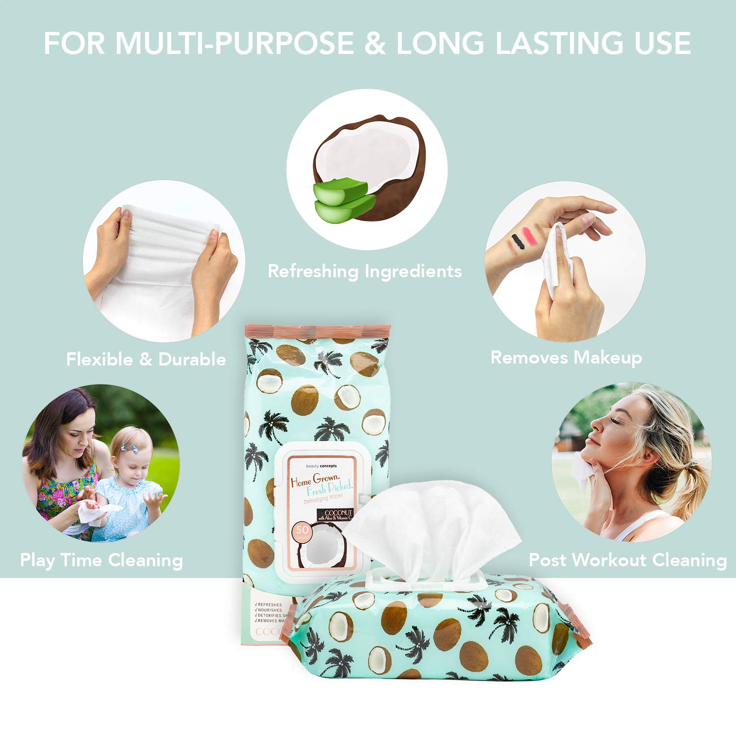 B.C. Beauty Concepts Makeup Remover Wipes - Gentle Facial Wipes For Easy Makeup Removal, 100 Count (Pack Of 2), Coconut With Alo
