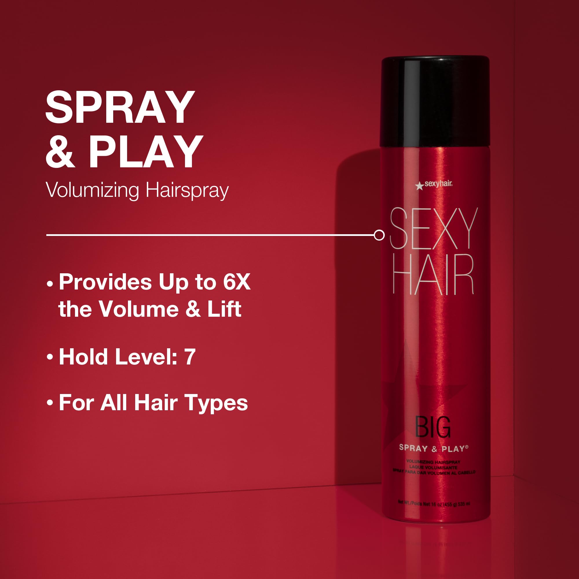 Sexyhair Big Spray & Play Volumizing Hairspray, 16 Oz | Hold And Shine | Up To 72 Hour Humidity Resistance | All Hair Types