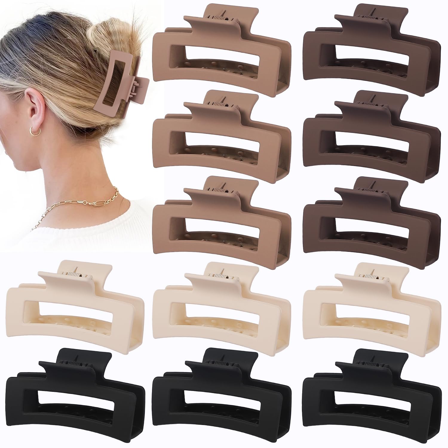 Sisiaipu Hair Claw Clips, 3.5 Inch Medium Hair Clips 12 Pcs Square Jaw Clips for Thick and Thin Hair - Brown, Matte Black, Dark 