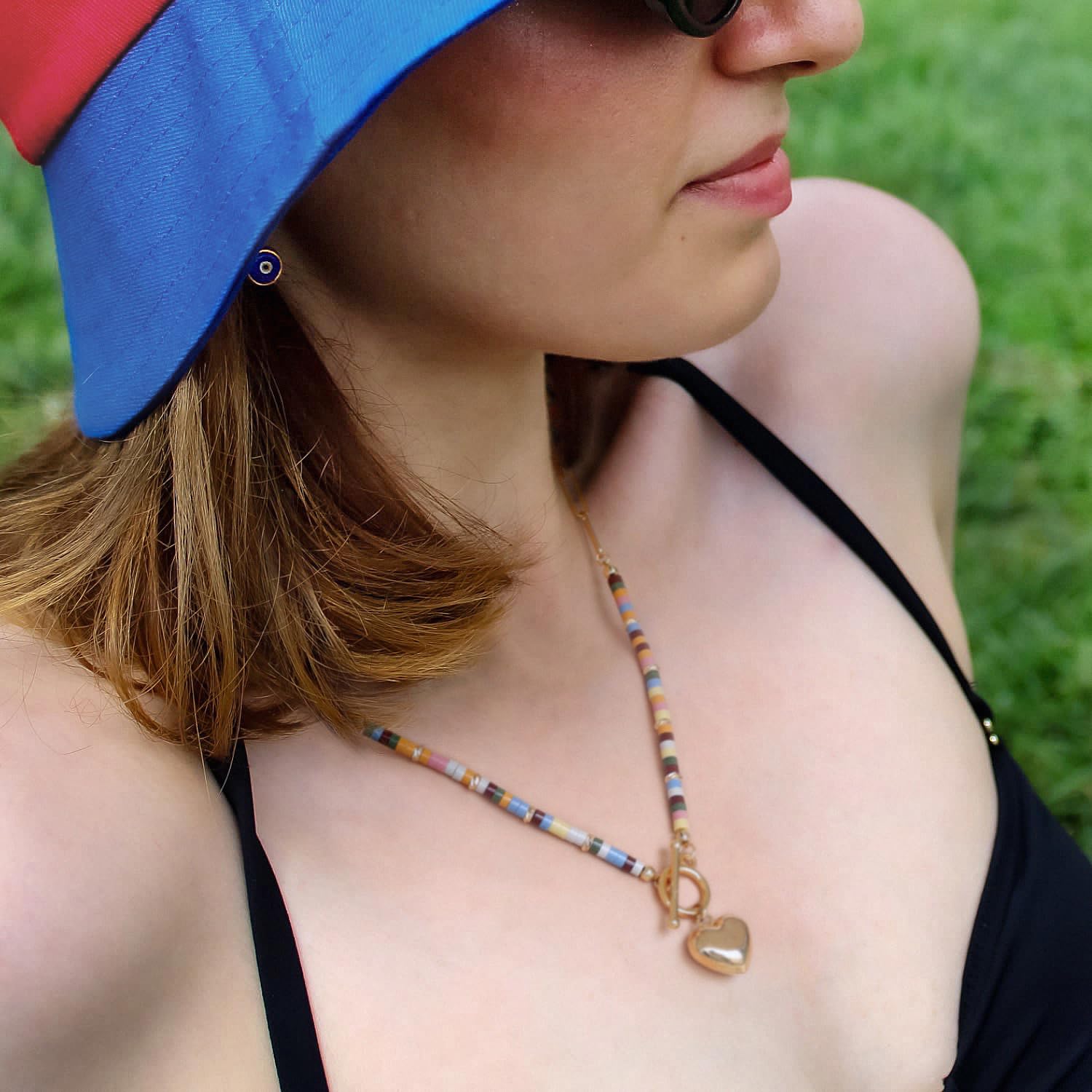 Aobei Pearl 18K Gold Puffy Love Heart Pendant Necklace, Bohemian Colorful Lava Clay Beads on Paperclip Chain Necklace, Handmade