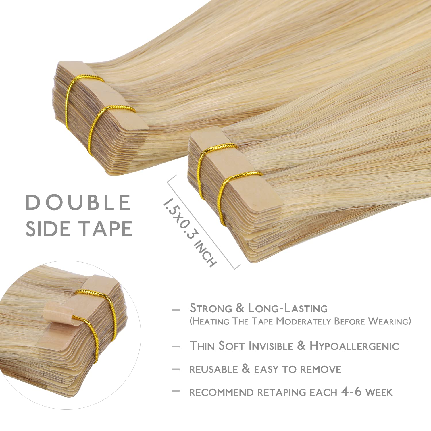 Wennalife Tape In Hair Extensions Human Hair, 20Pcs 50G 20 Inch Light Blonde Highlighted Golden Blonde Remy Hair Extensions Stra