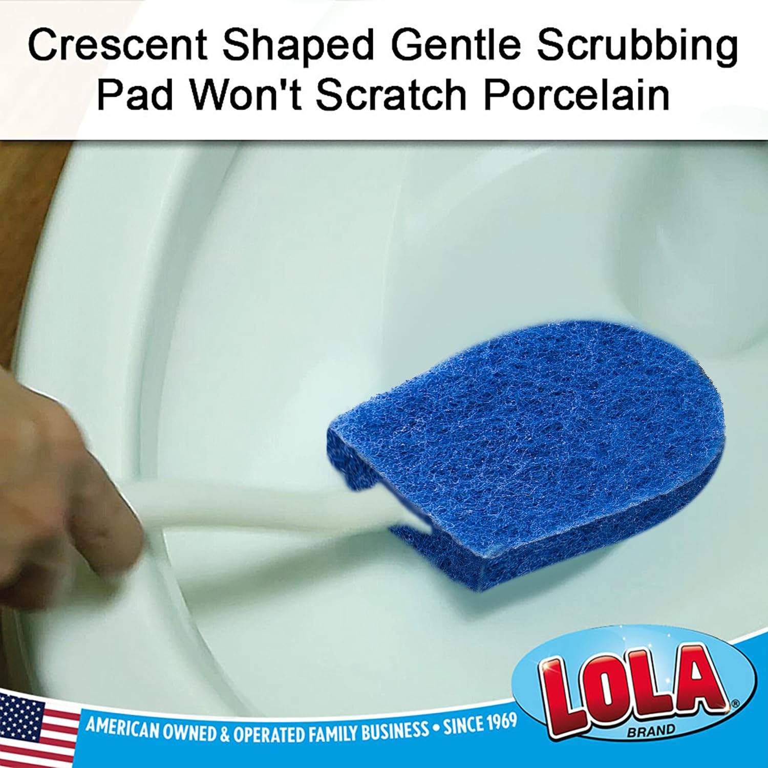 Lola Products Bath & Toilet Bowl Scrubber Brush W/Comfort Handle & Hang Hole. Non-Scratch, Removes Rings W/Scrubbing Pad, Angled