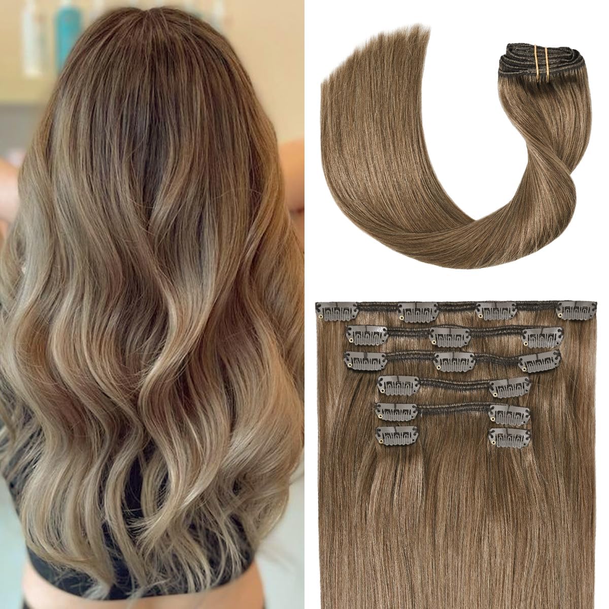 Clip in Hair Extensions Real Human Hair 70G Ash Brown Remy Human Hair Clip in Extensions 20 Inch Soft Silky Straight for Full He