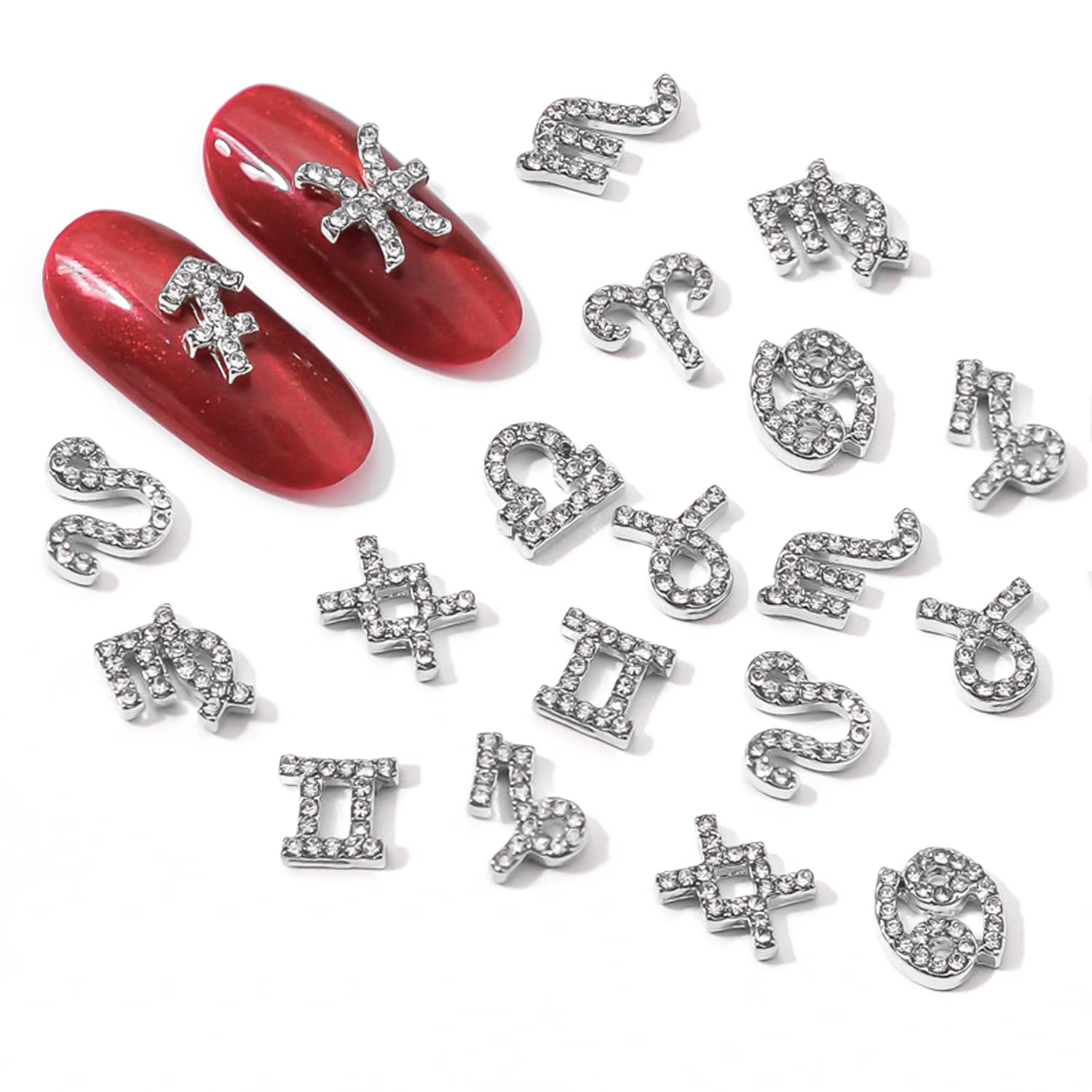 Xeaohesy 24 Pieces Silver Alloy Zodiac Nail Charms 12Pcs Zodiac Signs Nail Studs 12Pcs Constellation Words Charms Twelve Constel