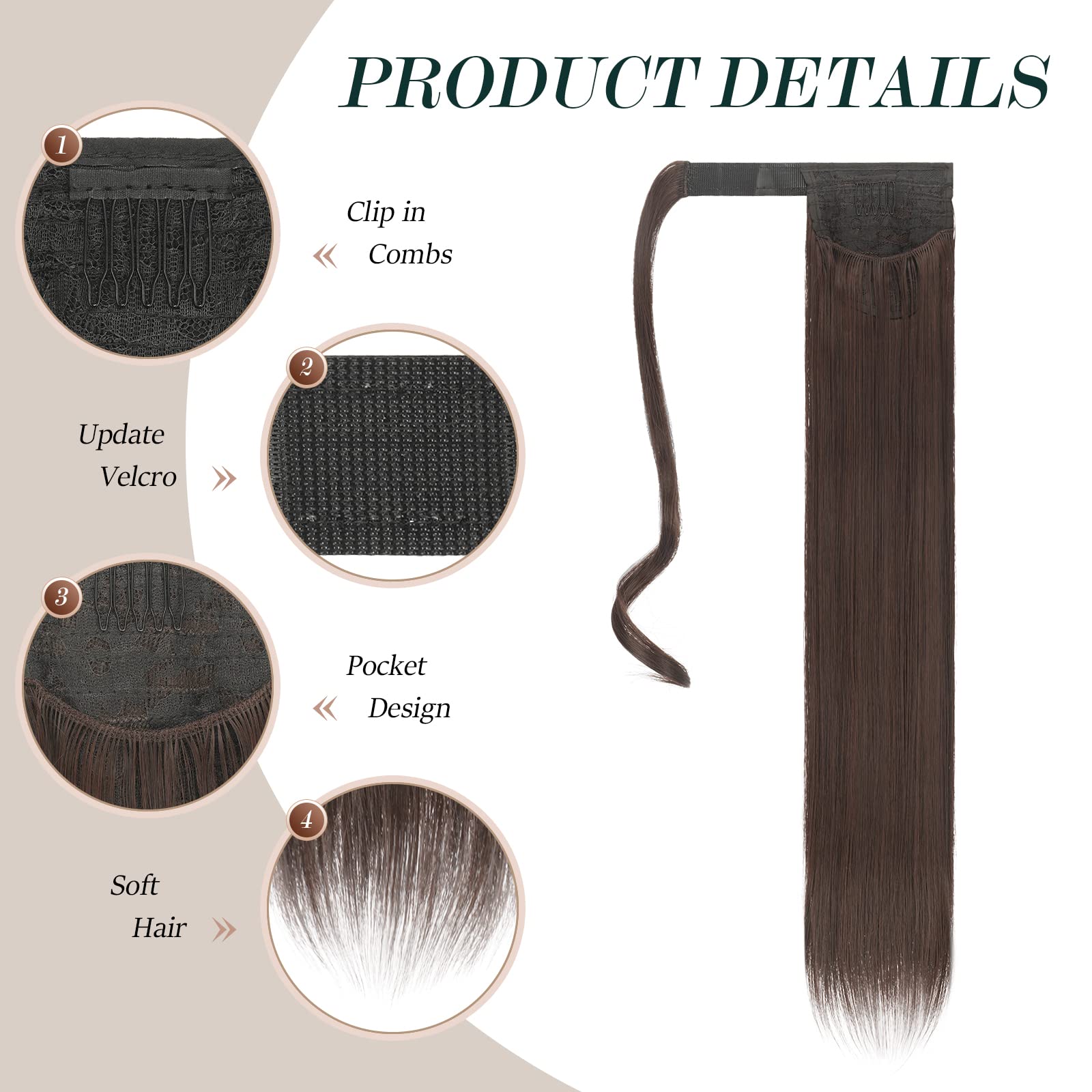 Feshfen Straight Long Ponytail Extensions 24 Inch Wrap Around Synthetic Reddish Dark Brown Ponytails Hair Piece Pony Tail Hair E