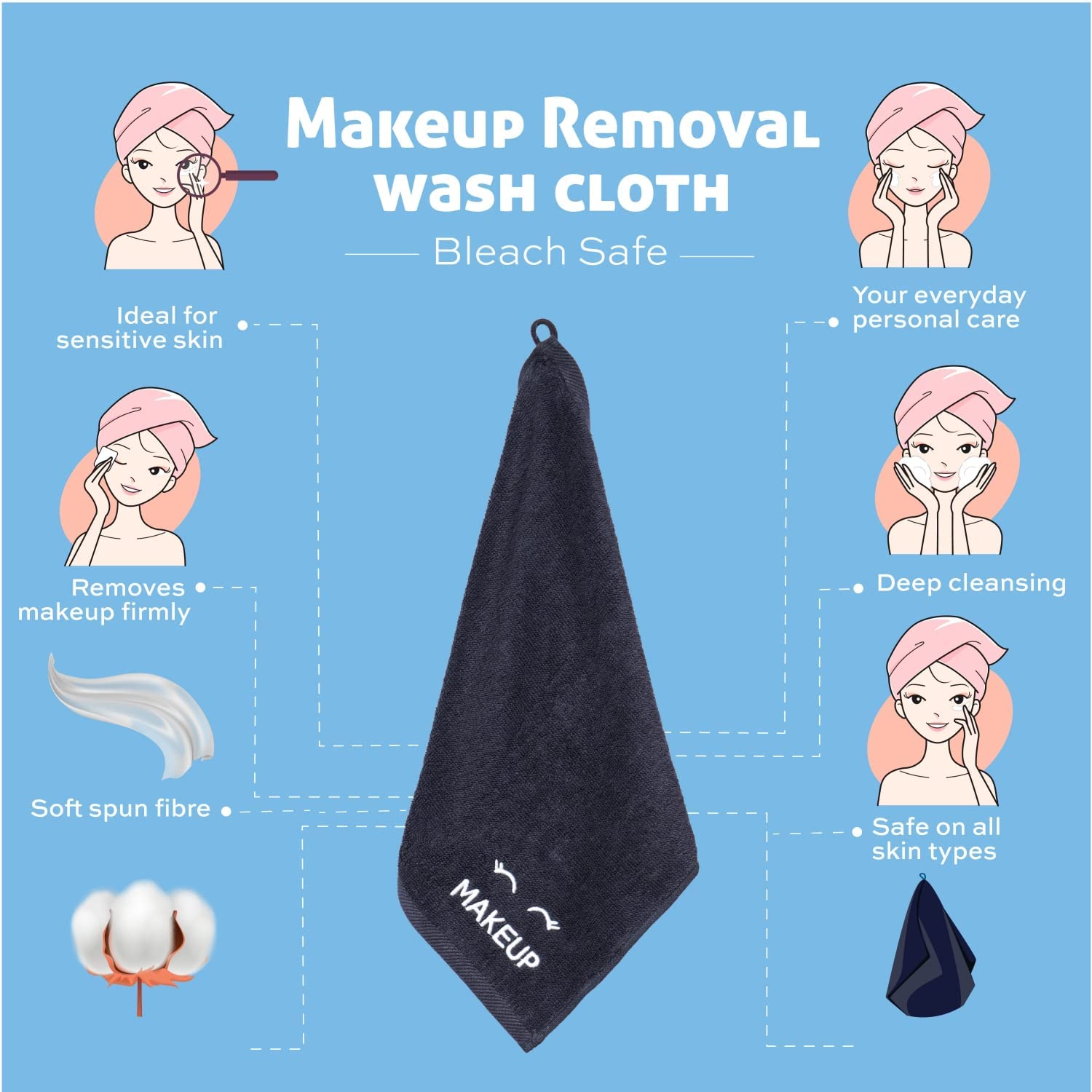 White Classic Bleach Safe Black Makeup Washcloths for Face Cleansing, 6 Pack - Super Soft Luxury Cotton Black Makeup Towels, Hig