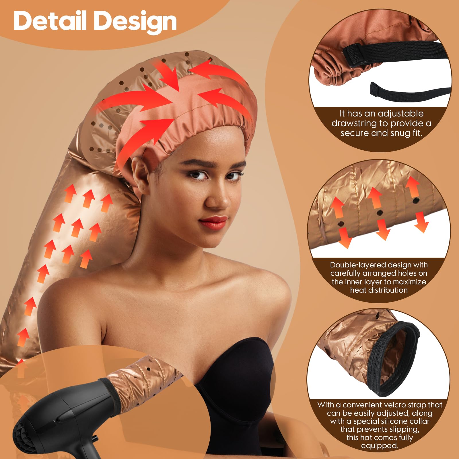 MSDADA Bonnet Hair Dryer Attachment - Adjustable Hooded Cap, Waterproof Fabric, Fast Drying, Gold