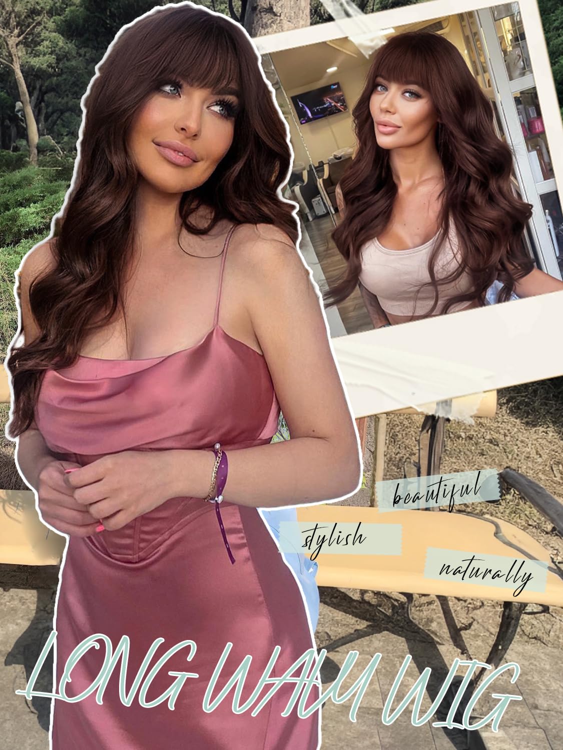 Aisi Hair Brown Wig With Bangs Long Wavy Synthetic Wig For Women With Daily Party Use
