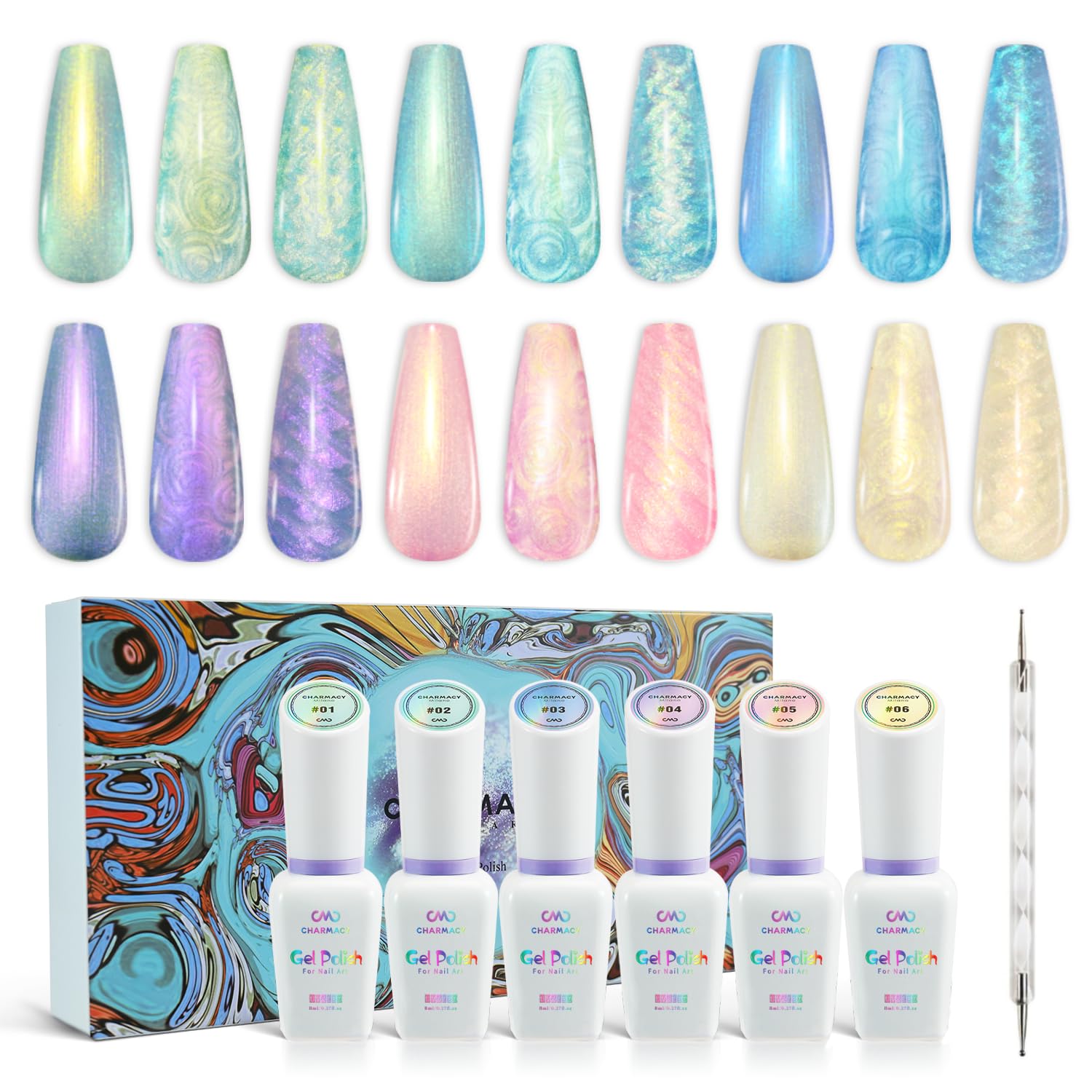 CHARMACY Pearl Gel Nail Polish Set, 6 Colors Shimmer Blue Pink Yellow Shell Thread Nail Polish Gel, Aurora Thread Shell Gel, Mer